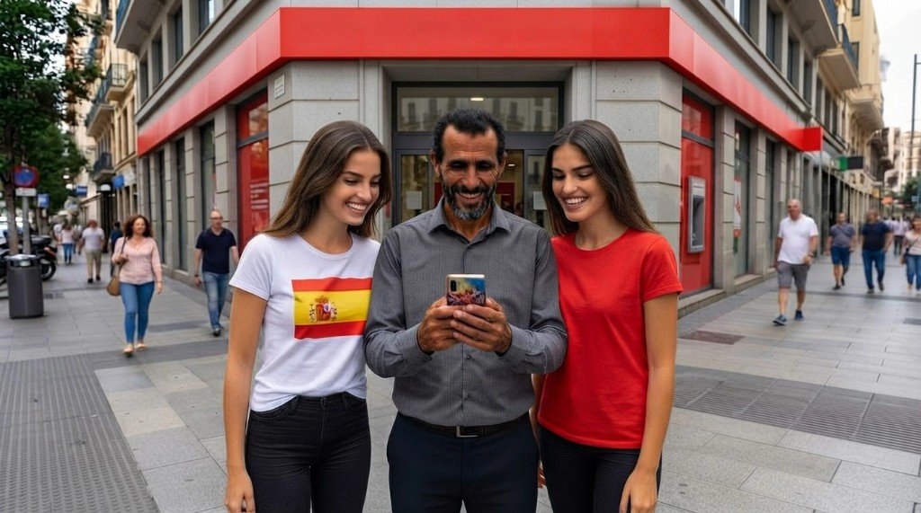 Personas consultando información en una calle de España