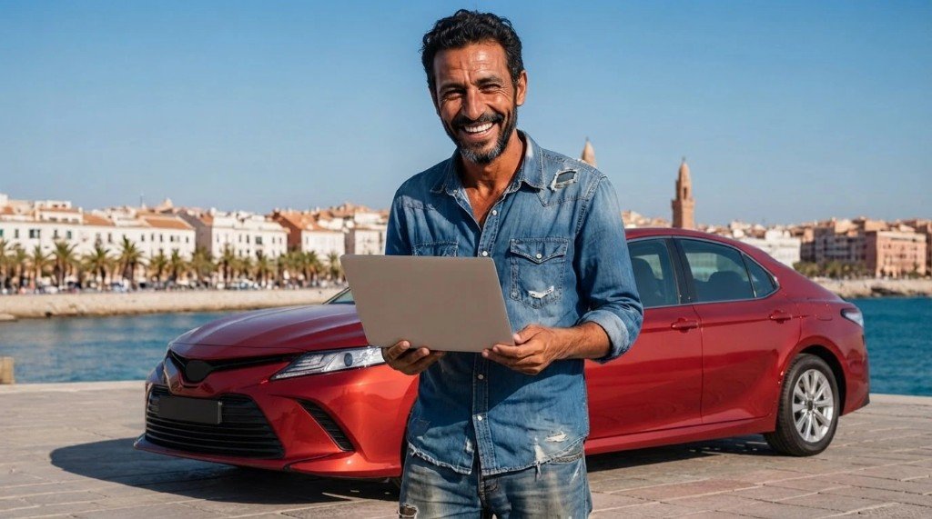 Recién llegado con portátil junto al mar en España